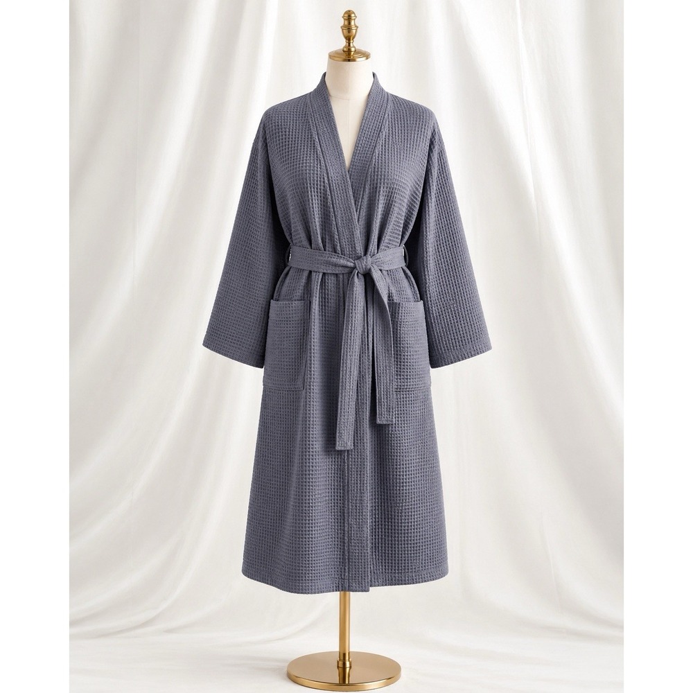 Chakir Linen Waffle Weave Robe Gray 100% Turkish Cotton Spa Bathrobe S